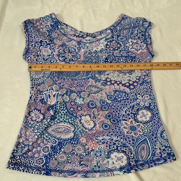 T by Talbots floral paisley crop cap sleeve wide crewneck lightweight knit top - Picture 10 of 11